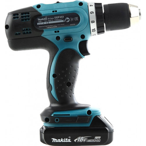 Дрель аккумуляторная "MAKITA" DDF453SYX4, 18В,2х1,5АчLi-ion,БЗП-13мм,0-400/1300об/м,42/27Нм, 1,8кг